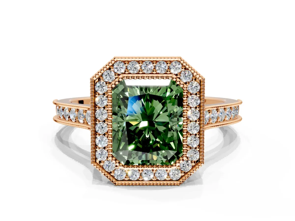 Halo Engagement Ring Setting for Fancy Green Radiant Cut Center with Milgrain Pave Band and Bezel Head in Rose Gold