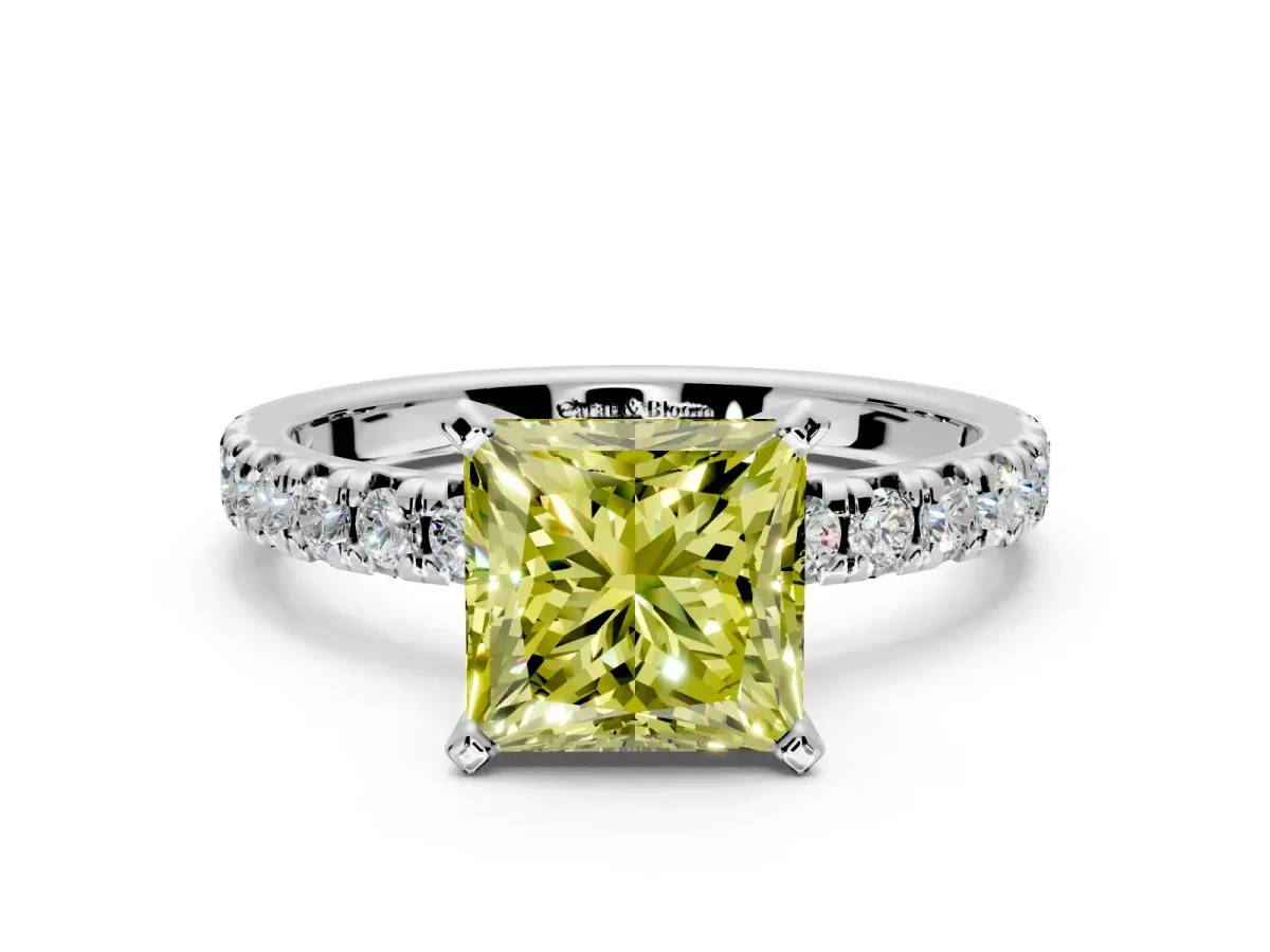 Solitaire Engagement Ring Setting for Fancy Yellow Princess Cut Center with Large Accents and Prong Head in White Gold