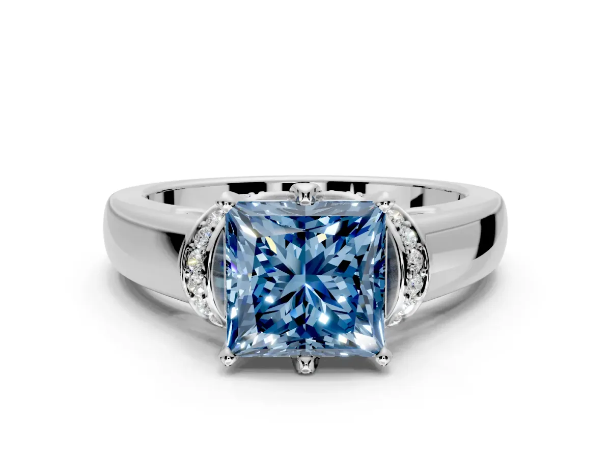 Solitaire Engagement Ring Setting for Fancy Blue Princess Cut Center with Wide Band, Pave Collar and Prong Head in Platinum