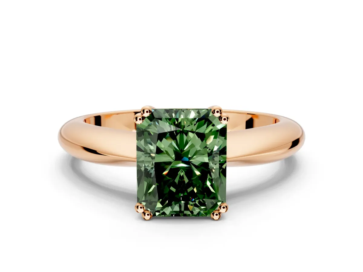 Solitaire Engagement Ring Setting for Fancy Green Radiant Cut Center with Reverse Tapered Band and Prong Head in Rose Gold