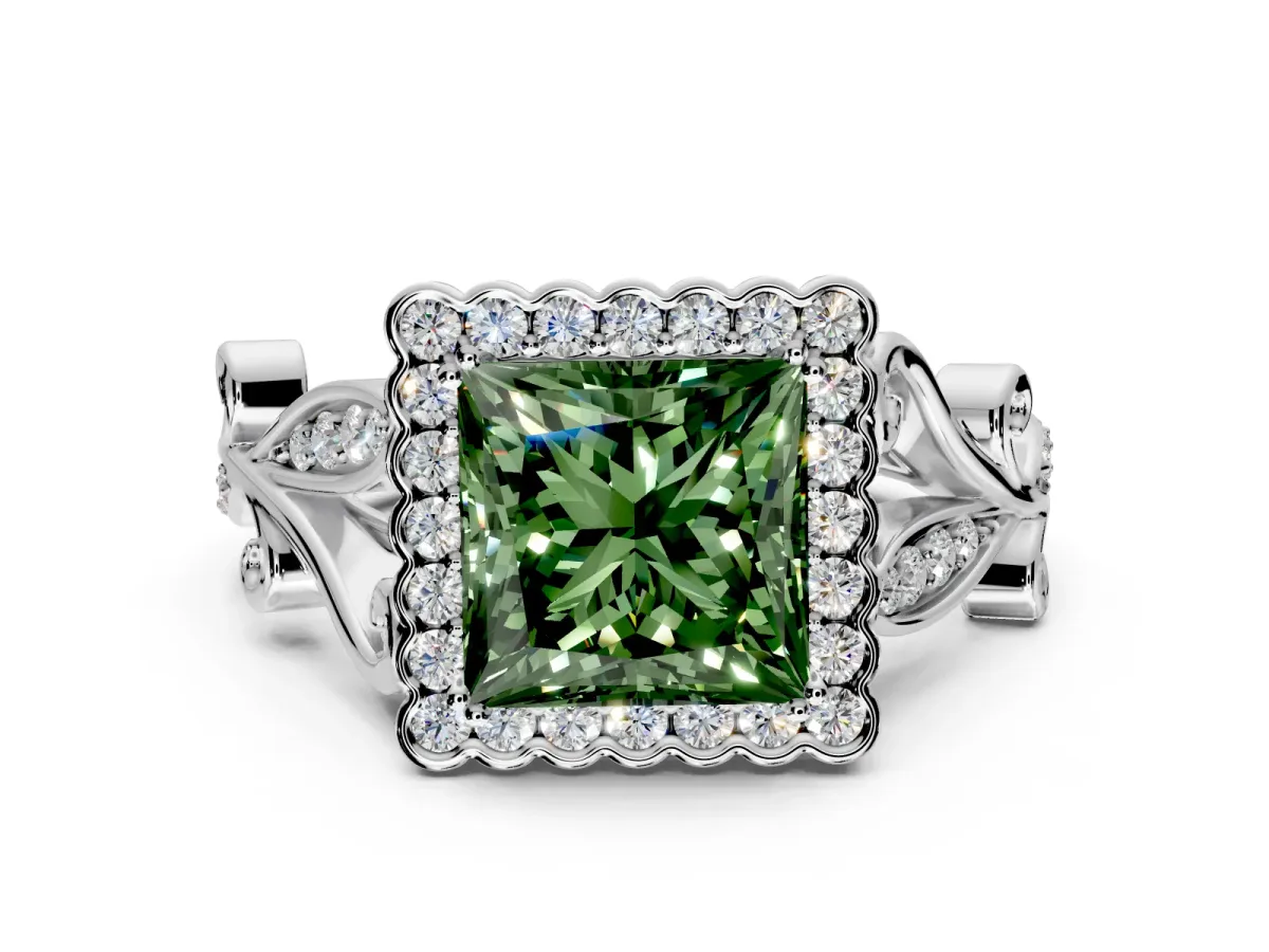 Halo Engagement Ring Setting for Fancy Green Princess Cut Center with Leaf Motif Split Shank and Prong Head in Sterling Silver