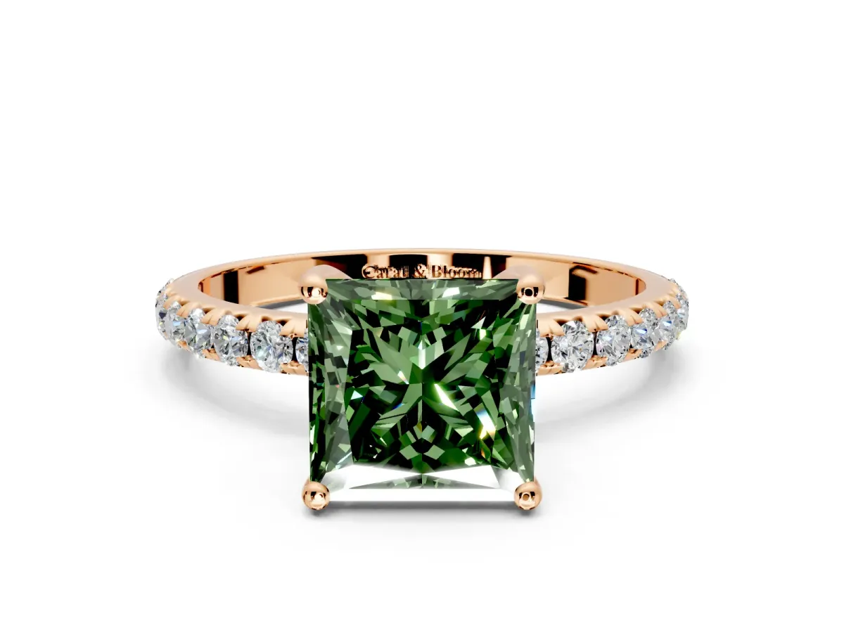 Solitaire Engagement Ring Setting for Fancy Green Princess Cut Center with Micro Pave Band and Prong Head in Rose Gold