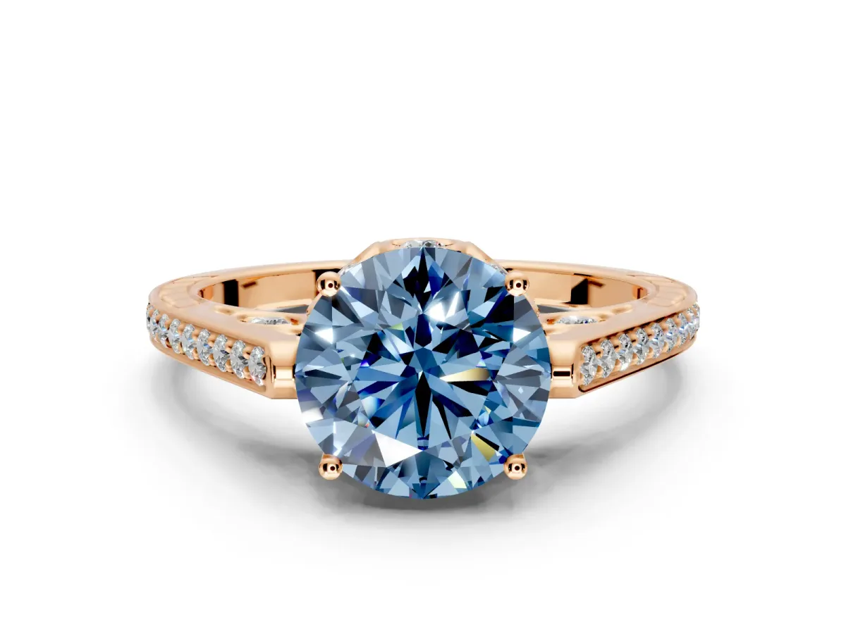 Cathedral Engagement Ring Setting for Fancy Blue Round Cut Center with Antique-Style Pave Band and Prong Head in Rose Gold
