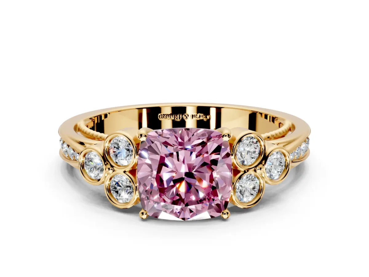 Cluster Engagement Ring Setting for Fancy Pink Cushion Cut Center with Bezel Accent Clusters and Prong Head in Yellow Gold