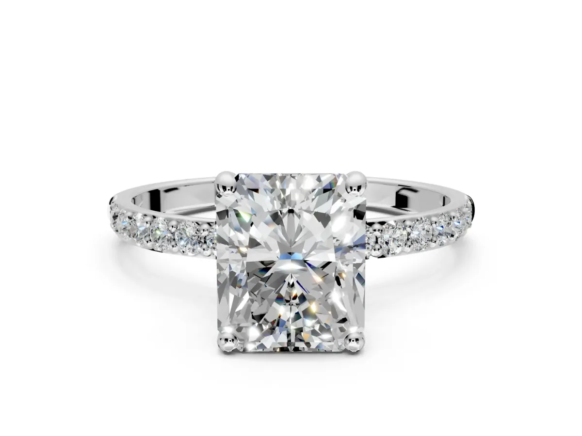 Solitaire Engagement Ring Setting for Radiant Cut Center with Pave Accents and Prong Head in Platinum