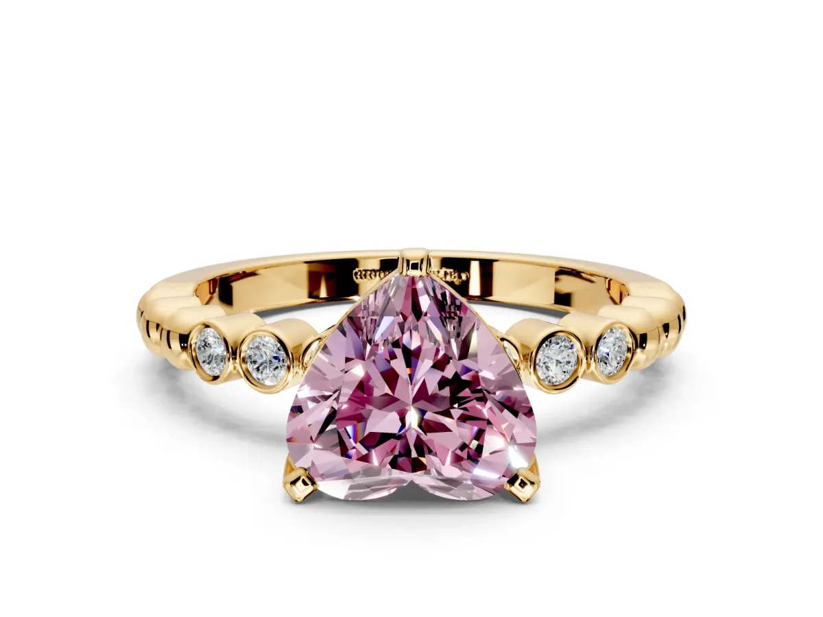 Solitaire Engagement Ring Setting for Fancy Pink Heart-Shaped Center with Bezel-Dot Beaded Band and Prong Head in Yellow Gold