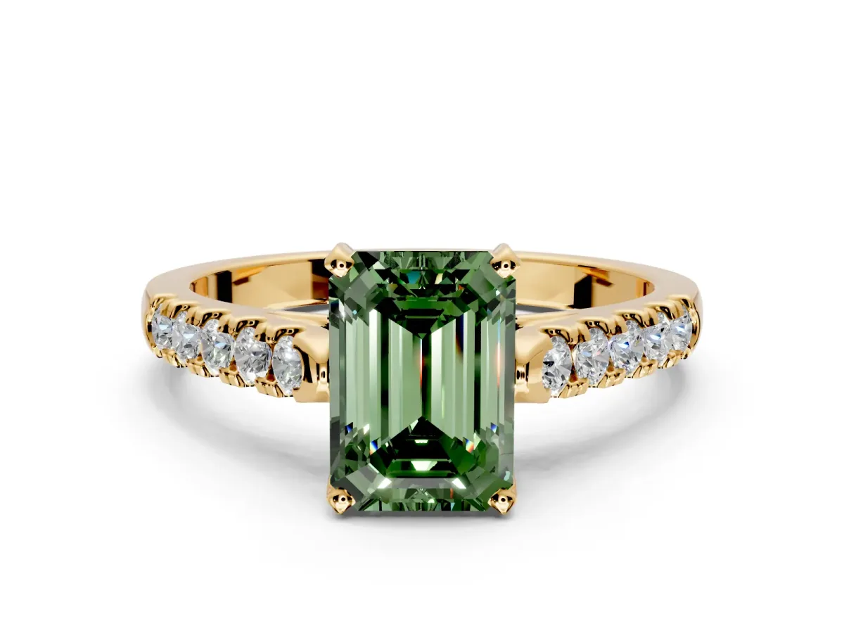 Solitaire Engagement Ring Setting for Fancy Green Emerald Cut Center with Partway Pave Band and Prong Head in Yellow Gold