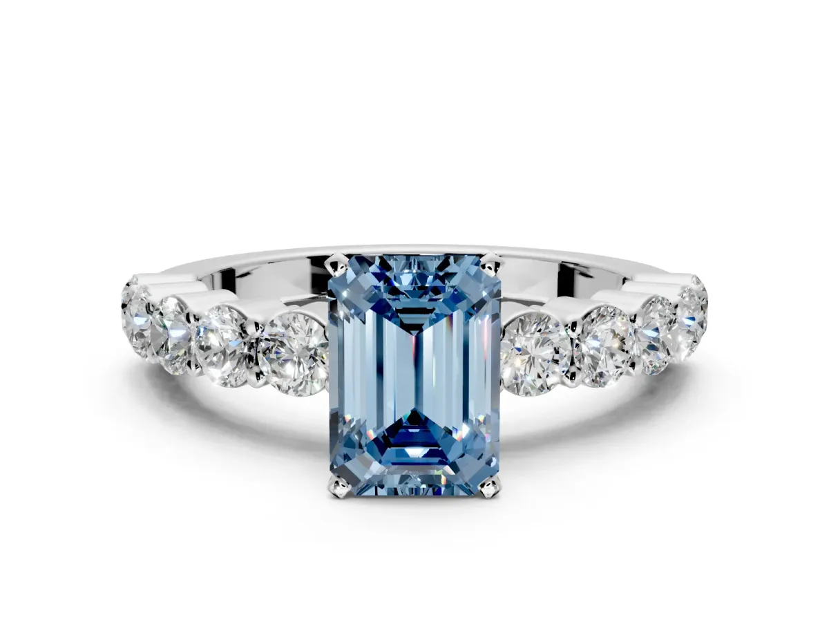Shared-Prong Engagement Ring Setting for Fancy Blue Emerald Cut Center with Graduated Accents and Prong Head in Sterling Silver