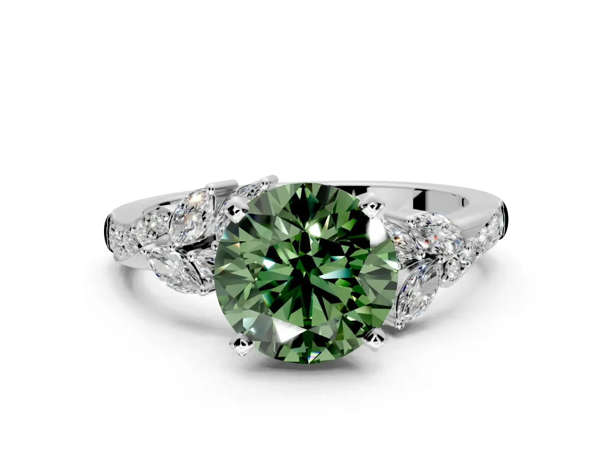 Solitaire Engagement Ring Setting for Fancy Green Round Cut Center with Marquise Accent Twist Band and Prong Head in Platinum
