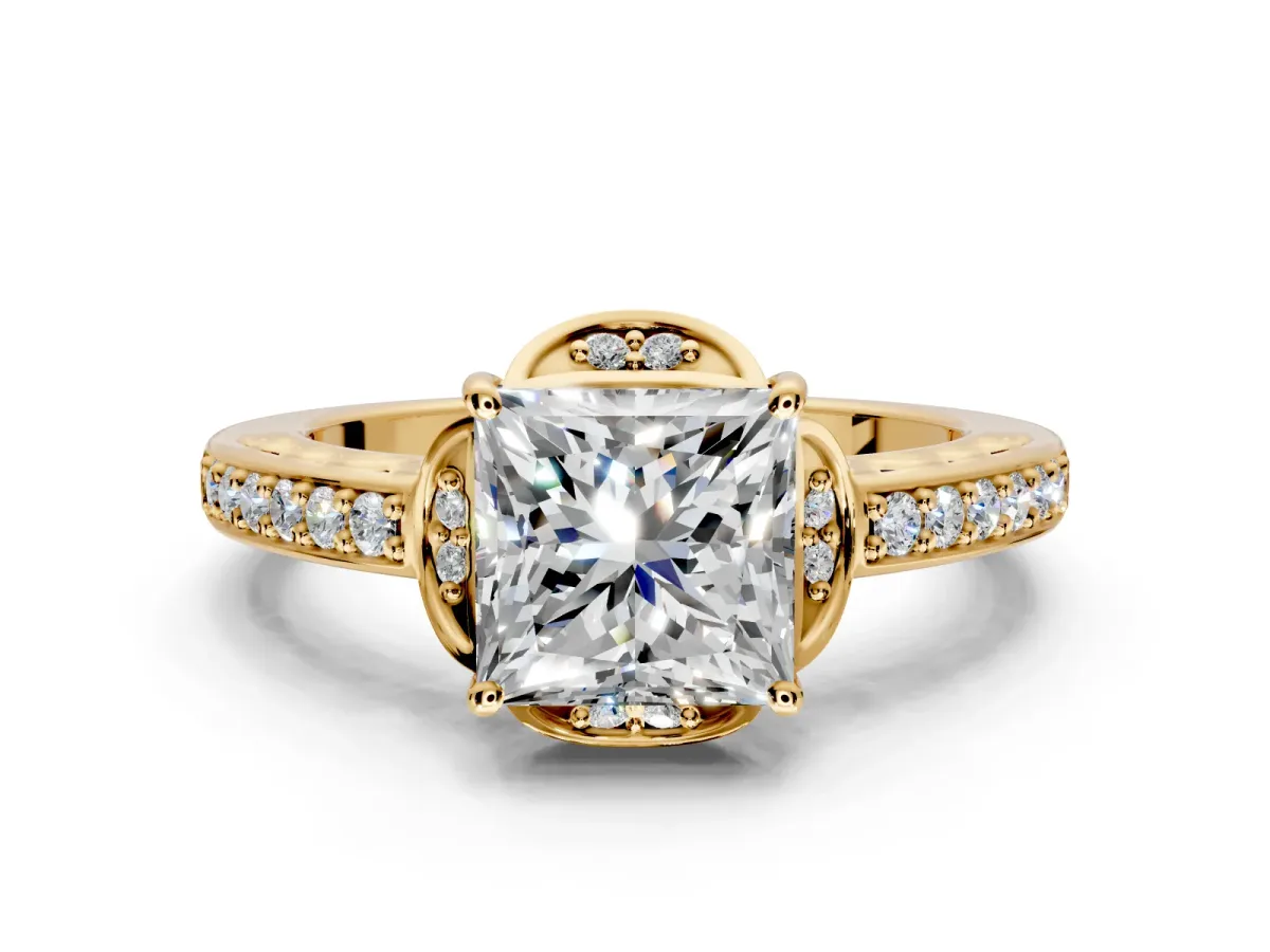 Floral Engagement Ring Setting for Princess Cut Center with Four Accent Clusters and Prong Head in Yellow Gold