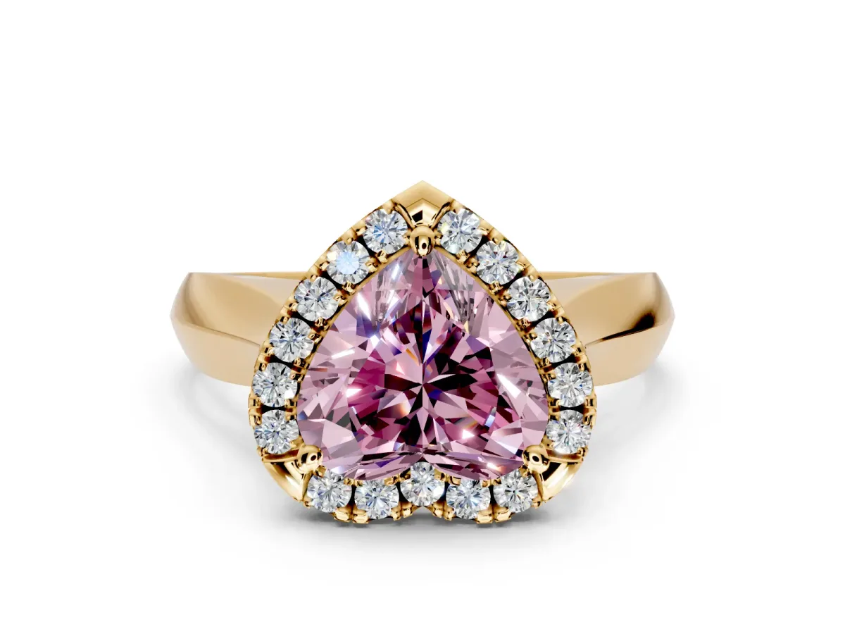 Halo Engagement Ring Setting for Fancy Pink Heart-Shaped Center with Square Band and Prong Head in Yellow Gold