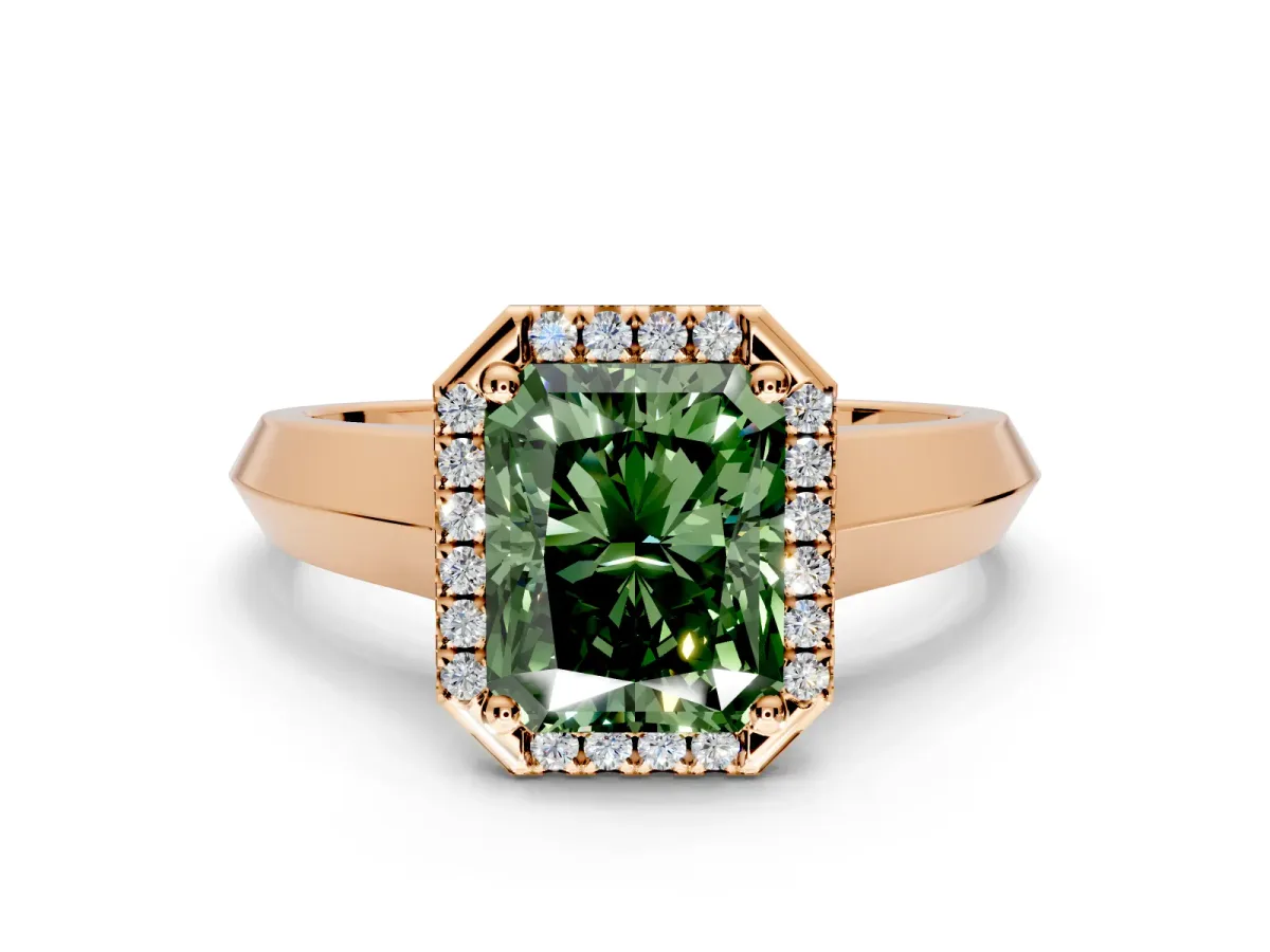 Halo Engagement Ring Setting for Fancy Green Radiant Cut Center with Knife Ridge Cathedral Band and Prong Head in Rose Gold