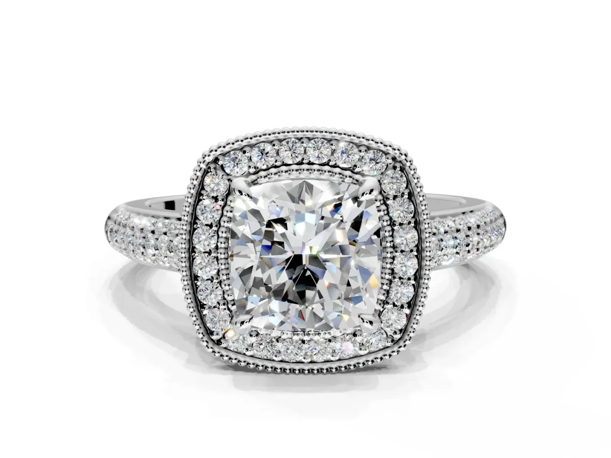 Milgrain Halo Engagement Ring Setting for Cushion Cut Center with Three-Sided Pave Band and Prong Head in Sterling Silver