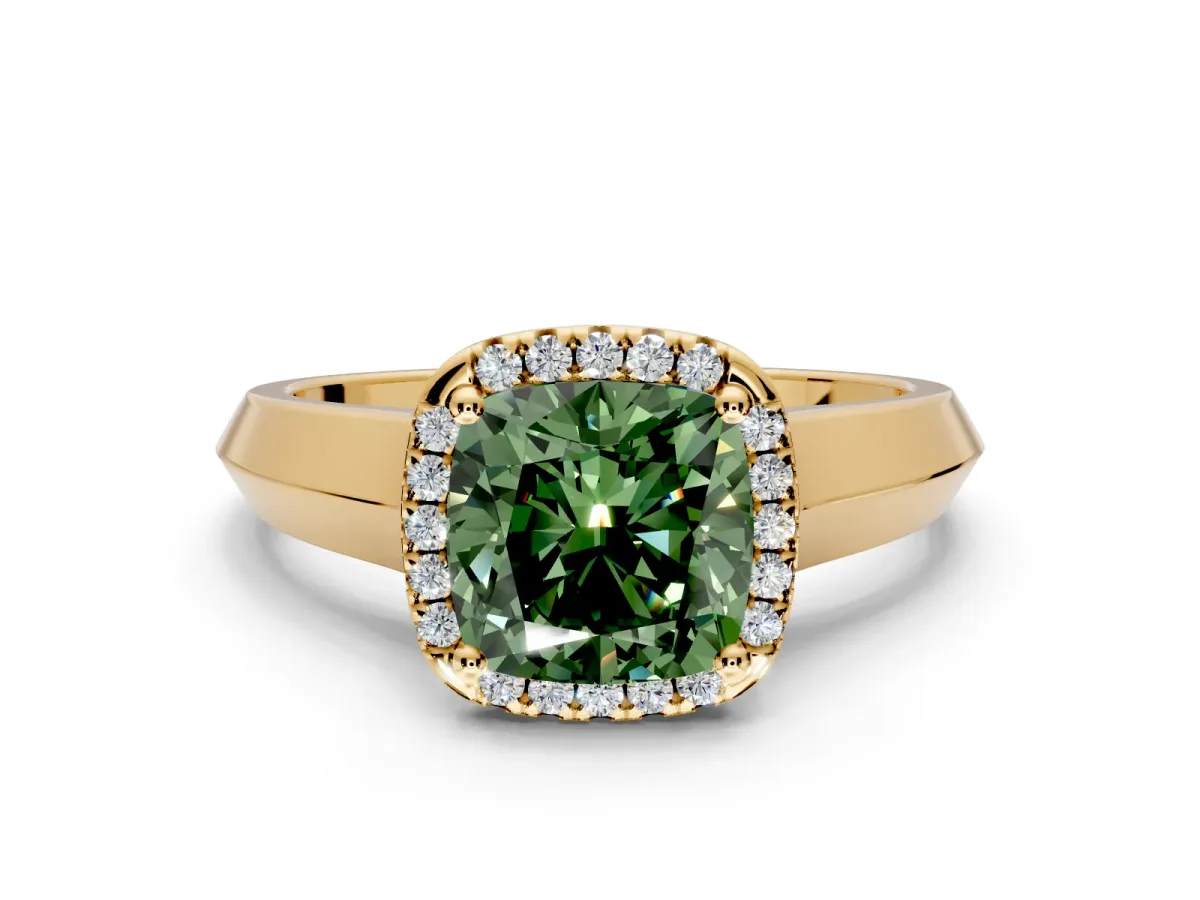 Halo Engagement Ring Setting for Fancy Green Cushion Cut Center with Knife Ridge Cathedral Band and Prong Head in Yellow Gold