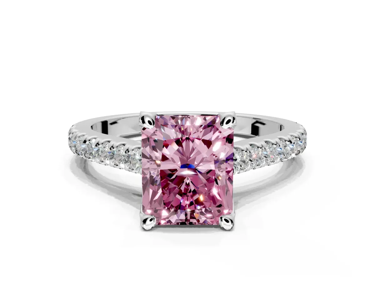 Solitaire Engagement Ring Setting for Fancy Pink Radiant Cut Center with Widening Pave Band and Claw Prong Head in Sterling Silver