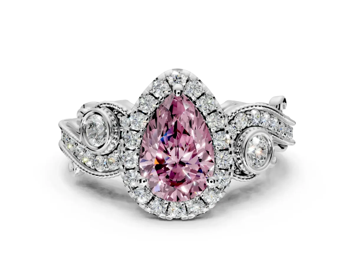 Milgrain Halo Engagement Ring Setting for Fancy Pink Pear-Shaped Center with Shoulder Bezels and Prong Head in Sterling Silver