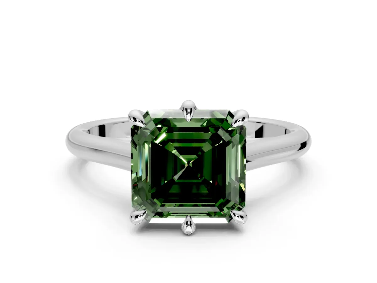 Solitaire Engagement Ring Setting for Fancy Green Asscher Cut Center with Cathedral Band and Prong Head in Platinum