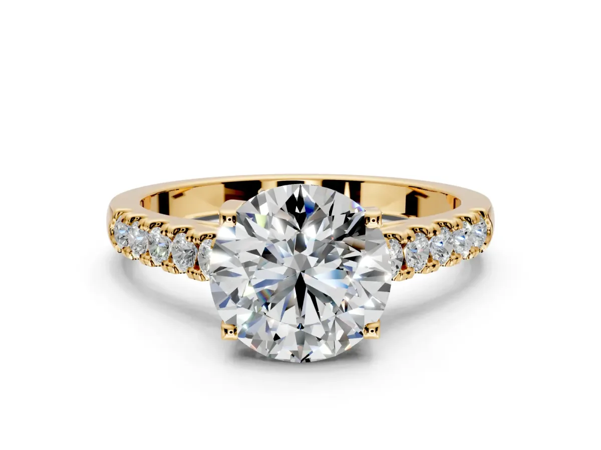 Solitaire Engagement Ring Setting for Round Cut Center with Partway Pave Band and Prong Head in Yellow Gold