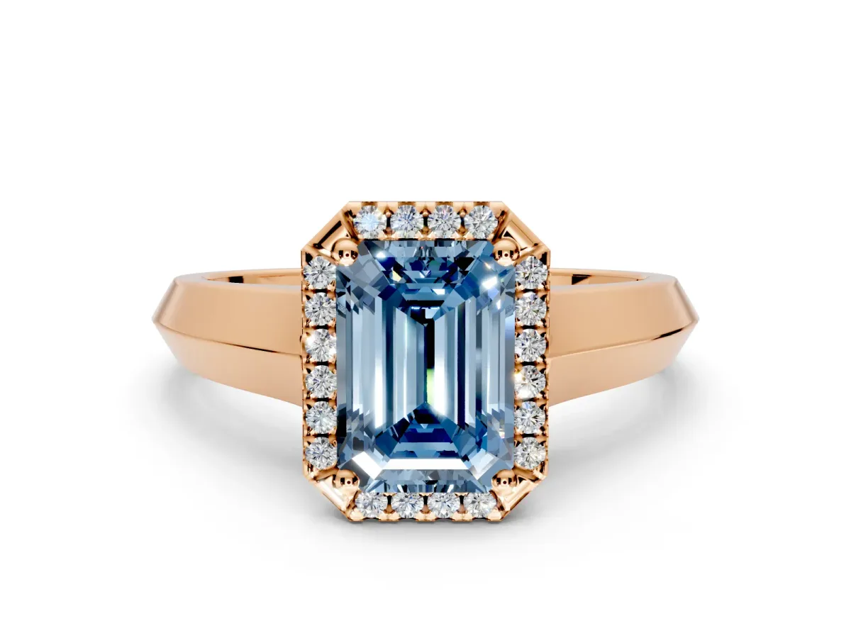 Halo Engagement Ring Setting for Fancy Blue Emerald Cut Center with Knife Ridge Cathedral Band and Prong Head in Rose Gold
