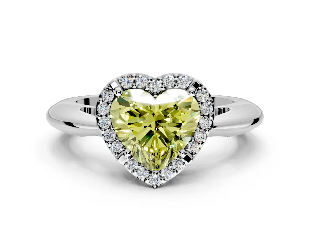 Halo Engagement Ring Setting for Fancy Yellow Heart-Shaped Center with Tapered Plain Band and Prong Head in Sterling Silver