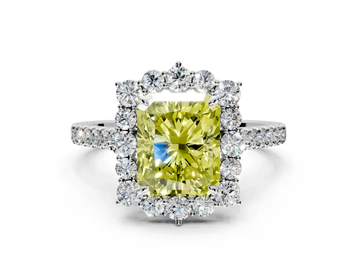 Halo Engagement Ring Setting for Fancy Yellow Radiant Cut Center with Single-Row Pave, Open Basket and Prong Head in Sterling Silver