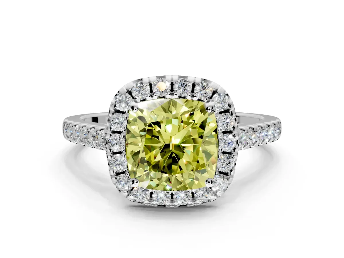 Halo Engagement Ring Setting for Fancy Yellow Cushion Cut Center with Raised Halo, Pave Band and Prong Head in Sterling Silver