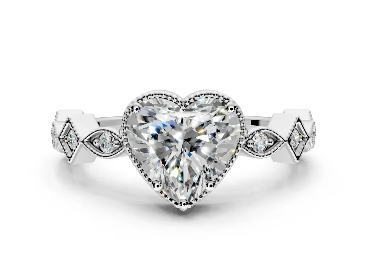 Milgrain Bezel Engagement Ring Setting for Heart-Shaped Center with Marquise Stations and Bezel Head in White Gold