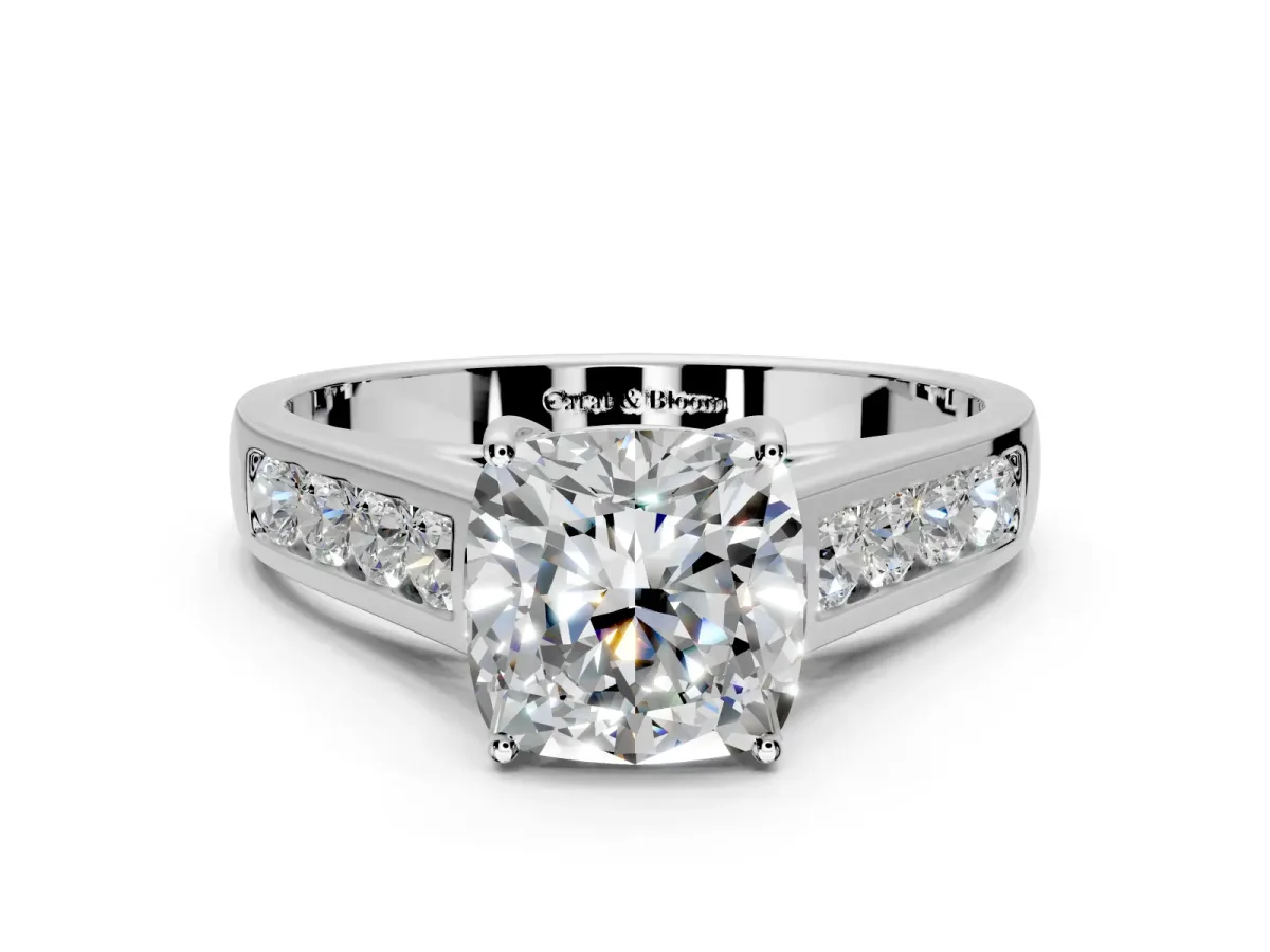 Solitaire Engagement Ring Setting for Cushion Cut Center with Round Cut Channel Band and Prong Head in Sterling Silver
