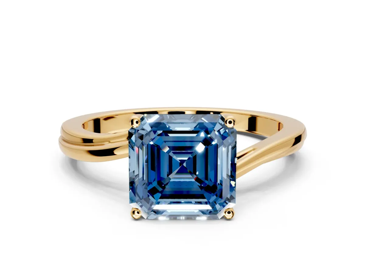 Solitaire Engagement Ring Setting for Fancy Blue Asscher Cut Center with Plain Bypass Twist Band and Prong Head in Yellow Gold