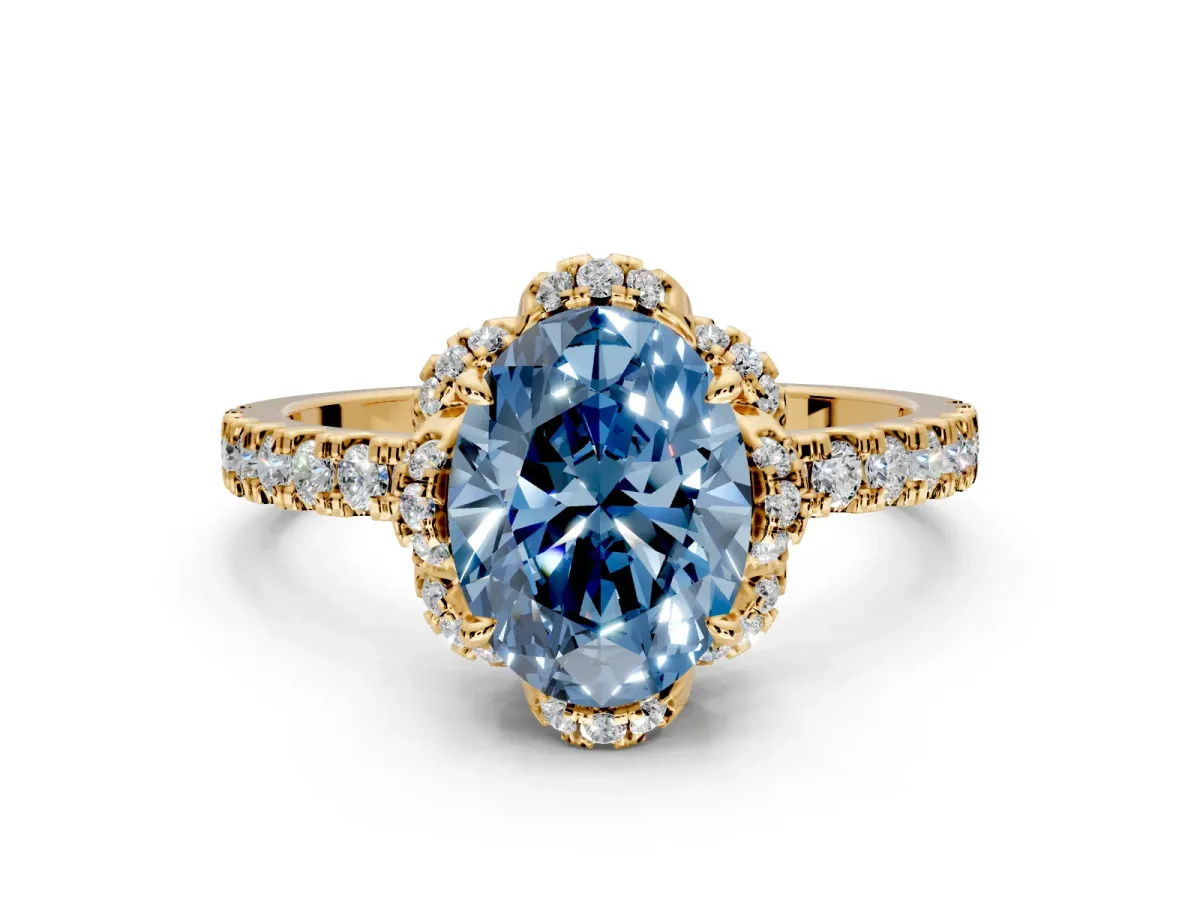 Halo Engagement Ring Setting for Fancy Blue Oval Center with Openwork Halo, Pave Band and Prong Head in Yellow Gold