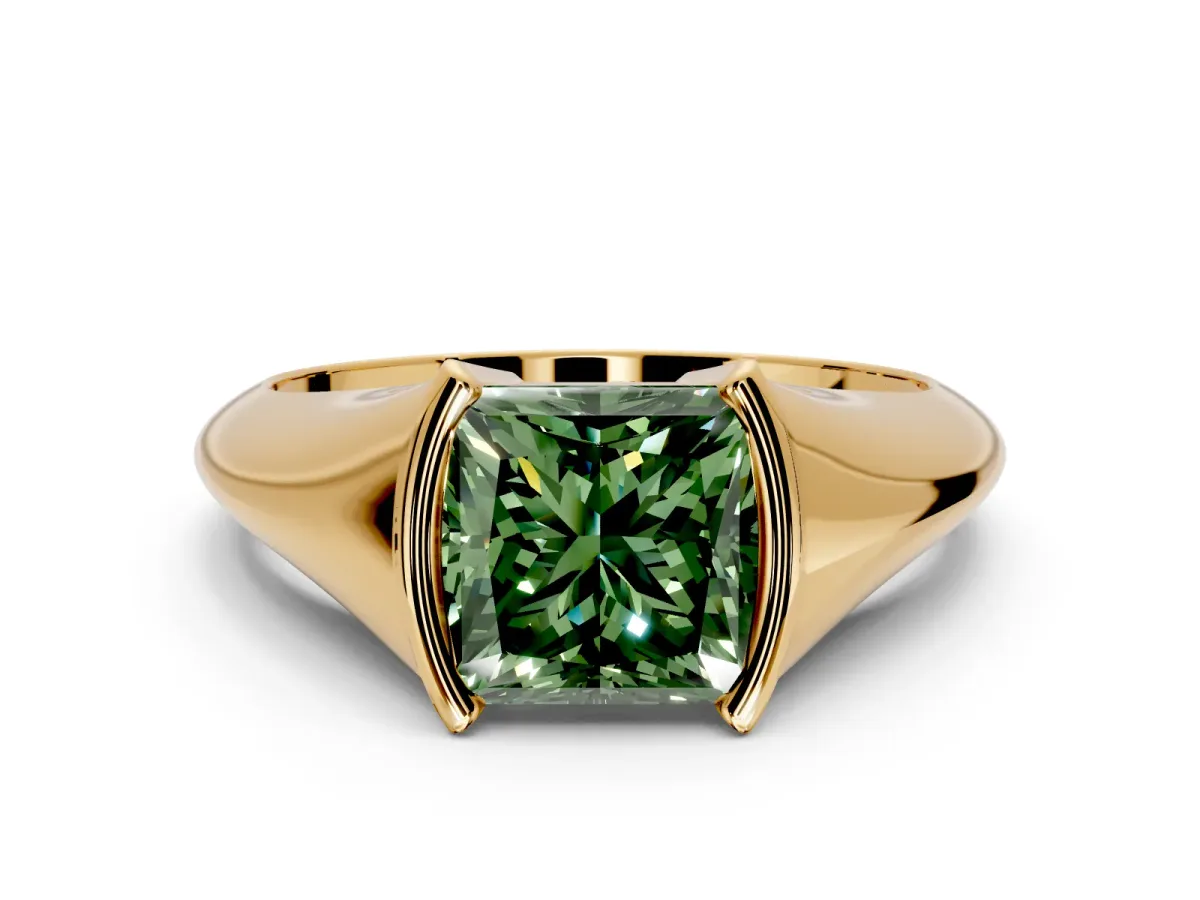 Tension Engagement Ring Setting for Fancy Green Princess Cut Center with Wide Tapered Band and Tension Head in Yellow Gold