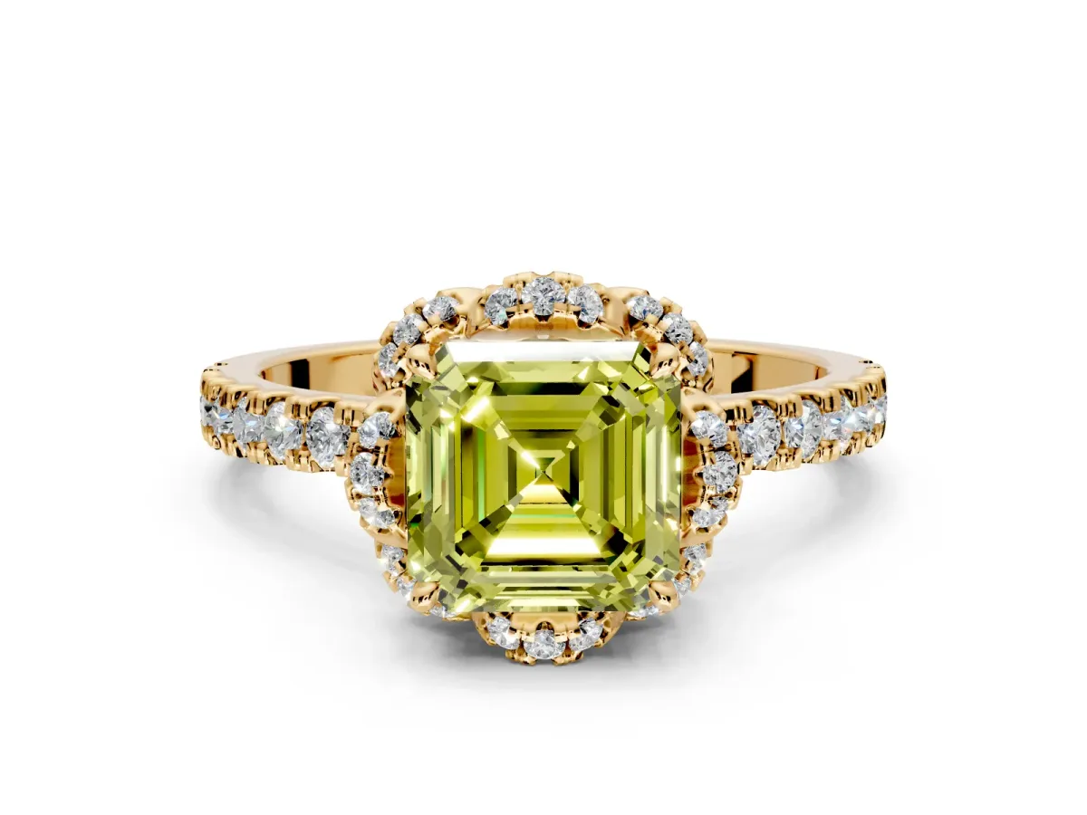 Floral Halo Engagement Ring Setting for Fancy Yellow Asscher Cut Center with Pave Band and Prong Head in Yellow Gold