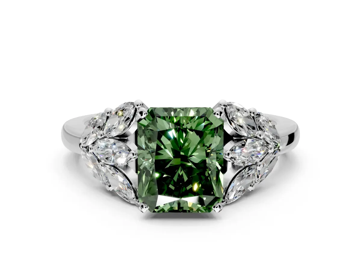 Leaf Cluster Engagement Ring Setting for Fancy Green Radiant Cut Center with Marquise Accents and Prong Head in White Gold