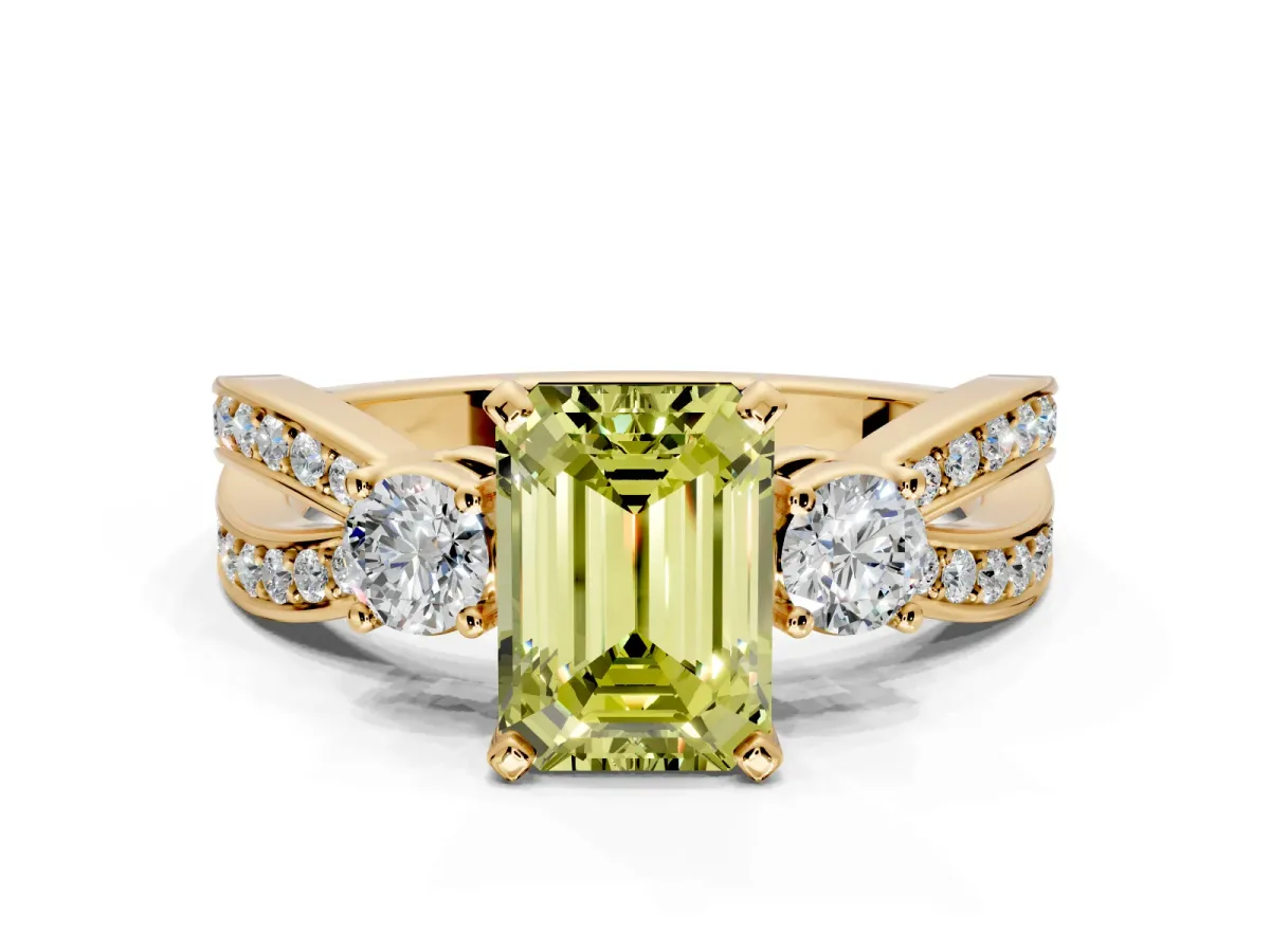 3 Stone Engagement Ring Setting for Fancy Yellow Emerald Cut Center with Pave Twist Band and Prong Head in Yellow Gold