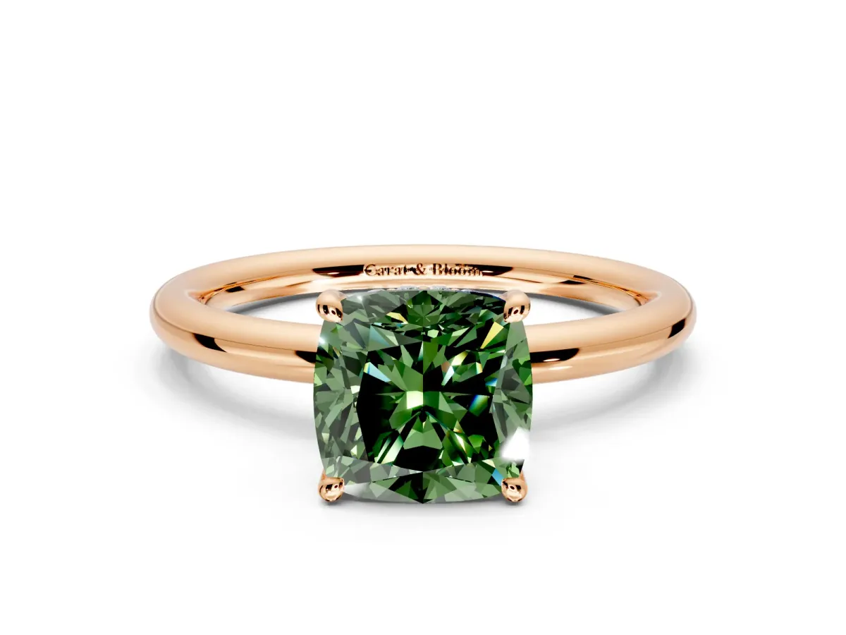 Hidden Halo Engagement Ring Setting for Fancy Green Cushion Cut Center with Thin Rounded Band and Prong Head in Rose Gold