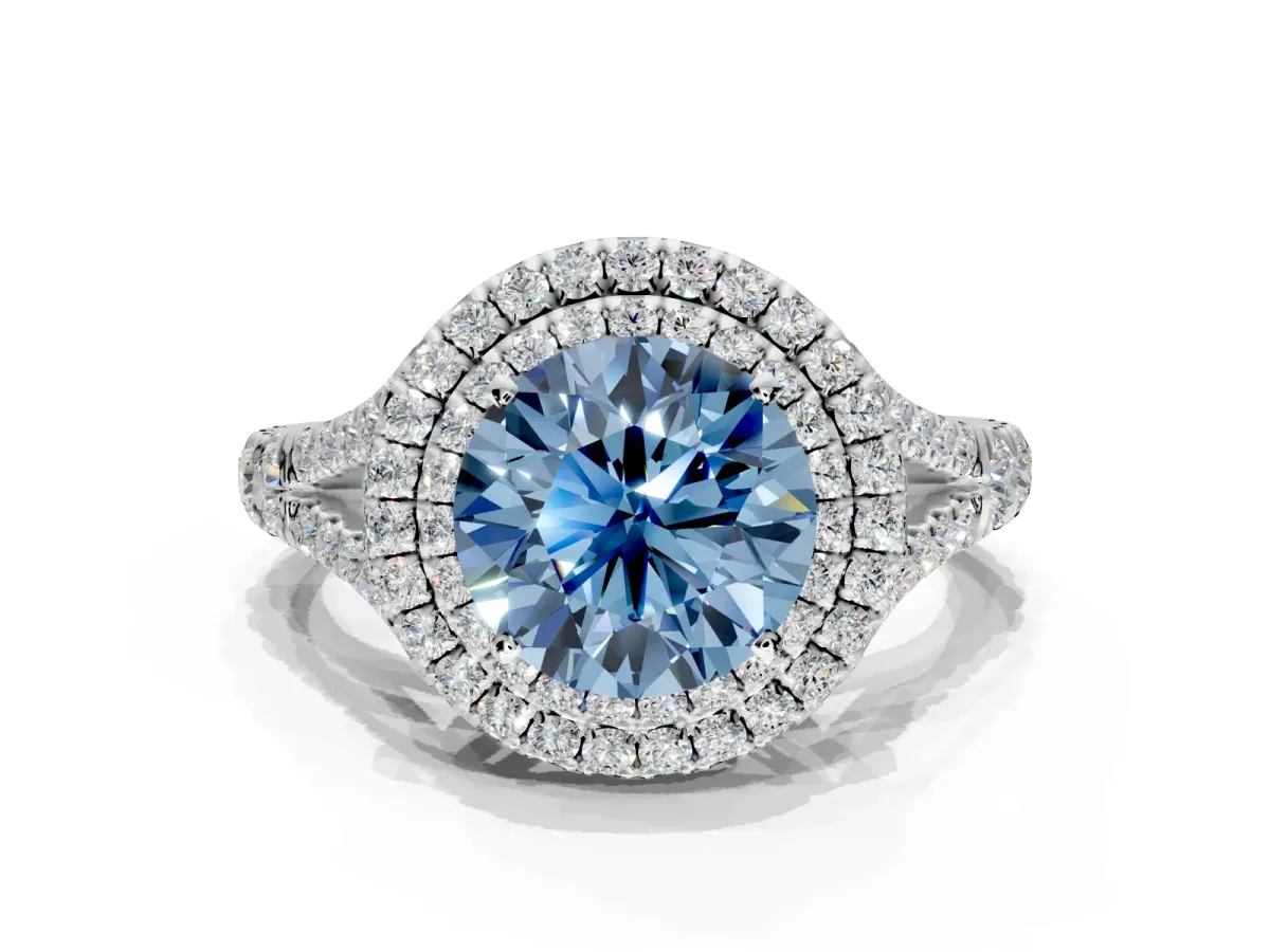 Double Halo Engagement Ring Setting for Fancy Blue Round Cut Center with Narrow Pave Split Shank and Prong Head in Platinum