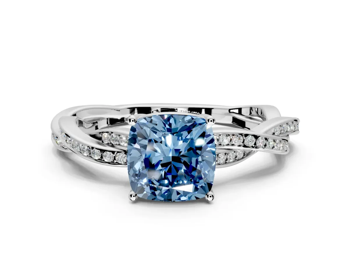 Solitaire Engagement Ring Setting for Fancy Blue Cushion Cut Center with Twisted Pave Band and Prong Head in Platinum