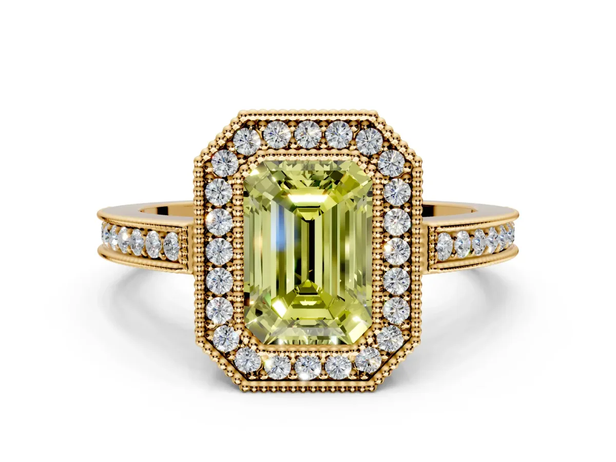 Halo Engagement Ring Setting for Fancy Yellow Emerald Cut Center with Milgrain Halo, Pave Band and Prong Head in Yellow Gold