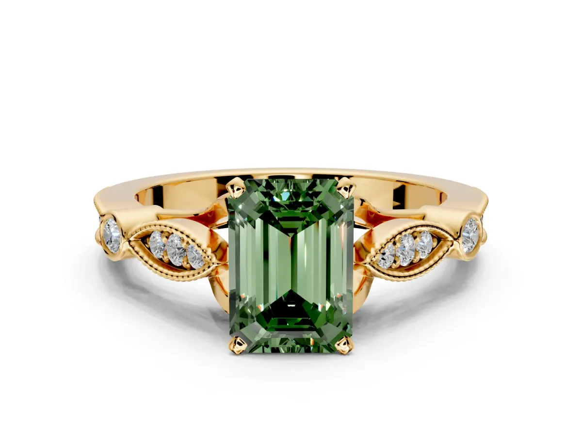 Solitaire Engagement Ring Setting for Fancy Green Emerald Cut Center with Marquise and Bezel Accents and Prong Head in Yellow Gold