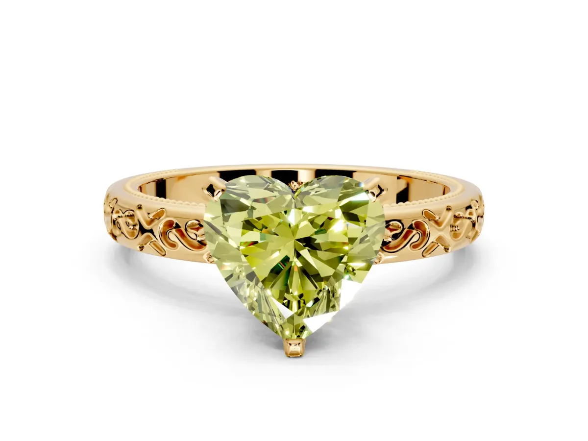 Solitaire Engagement Ring Setting for Fancy Yellow Heart-Shaped Center with Scrollwork Band and Prong Head in Yellow Gold