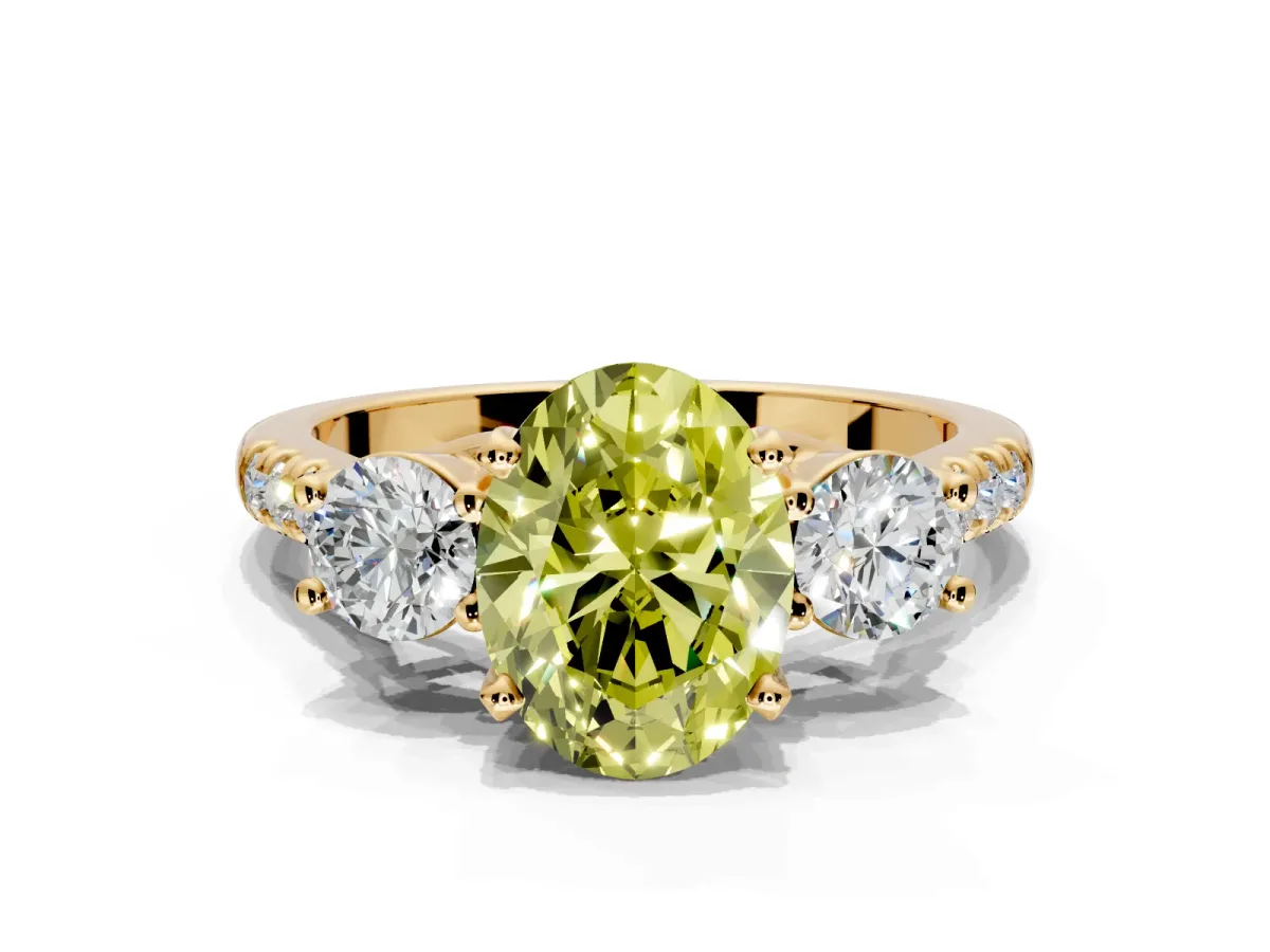 3 Stone Engagement Ring Setting for Fancy Yellow Oval Center with Crossover Basket, Pave Band and Prong Head in Yellow Gold