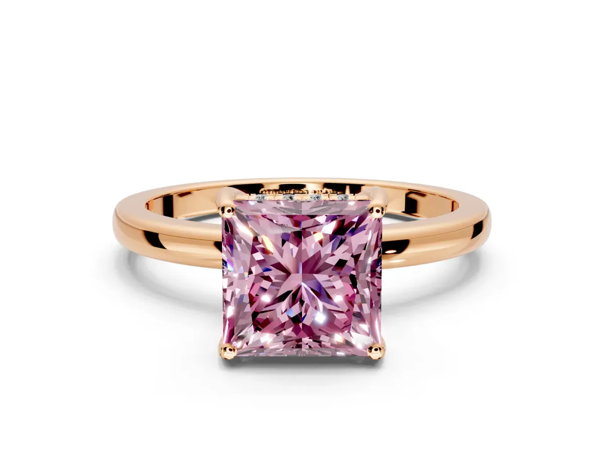 Solitaire Engagement Ring Setting for Fancy Pink Princess Cut Center with Fine Wire Band and Prong Head in Rose Gold