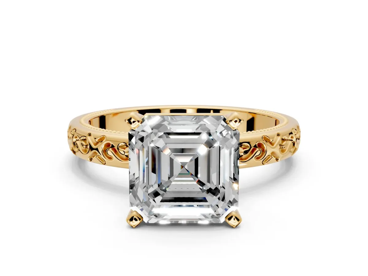 Solitaire Engagement Ring Setting for Asscher Cut Center with Scrollwork Band and Prong Head in Yellow Gold