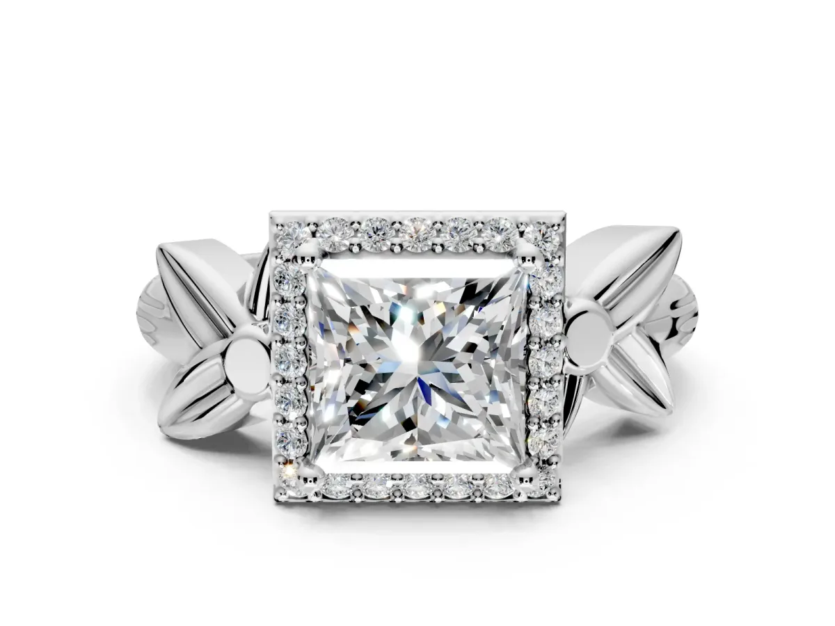 Halo Engagement Ring Setting for Princess Cut Center with Floral Band and Prong Head in Platinum