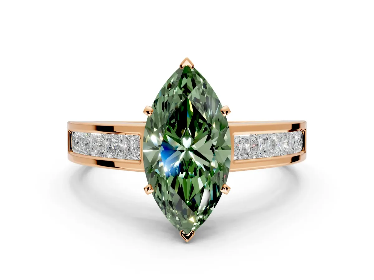 Solitaire Engagement Ring Setting for Fancy Green Marquise Center with Princess Cut Channel Band and Prong Head in Rose Gold
