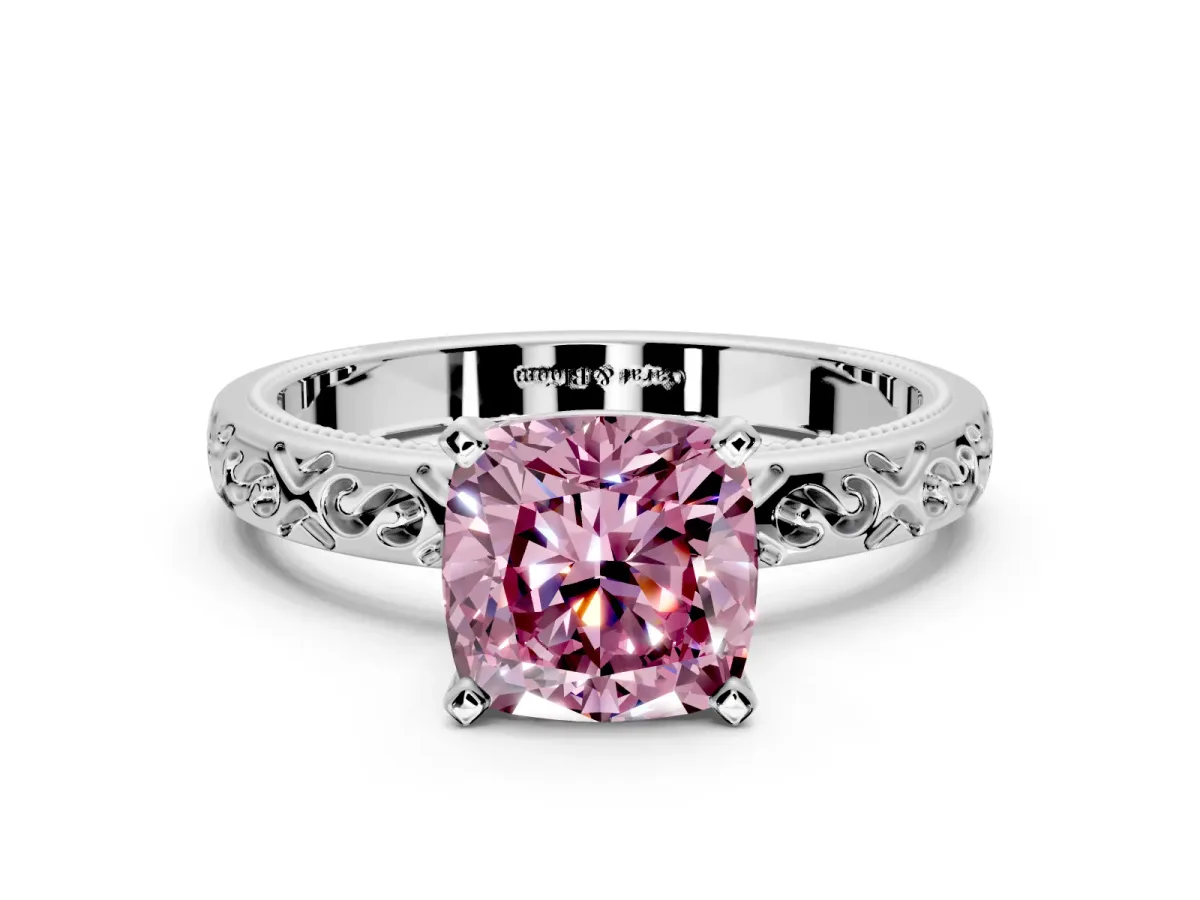 Solitaire Engagement Ring Setting for Fancy Pink Cushion Cut Center with Scrollwork Band and Prong Head in Sterling Silver