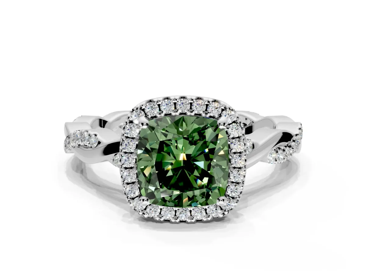 Halo Engagement Ring Setting for Fancy Green Cushion Cut Center with Pave and Plain Twist Band and Prong Head in White Gold