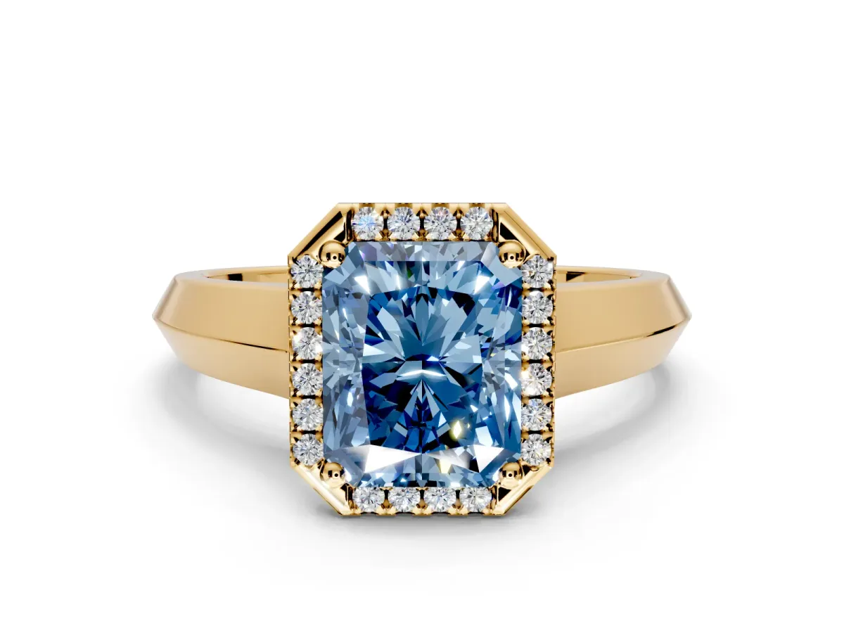 Halo Engagement Ring Setting for Fancy Blue Radiant Cut Center with Knife Ridge Cathedral Band and Prong Head in Yellow Gold