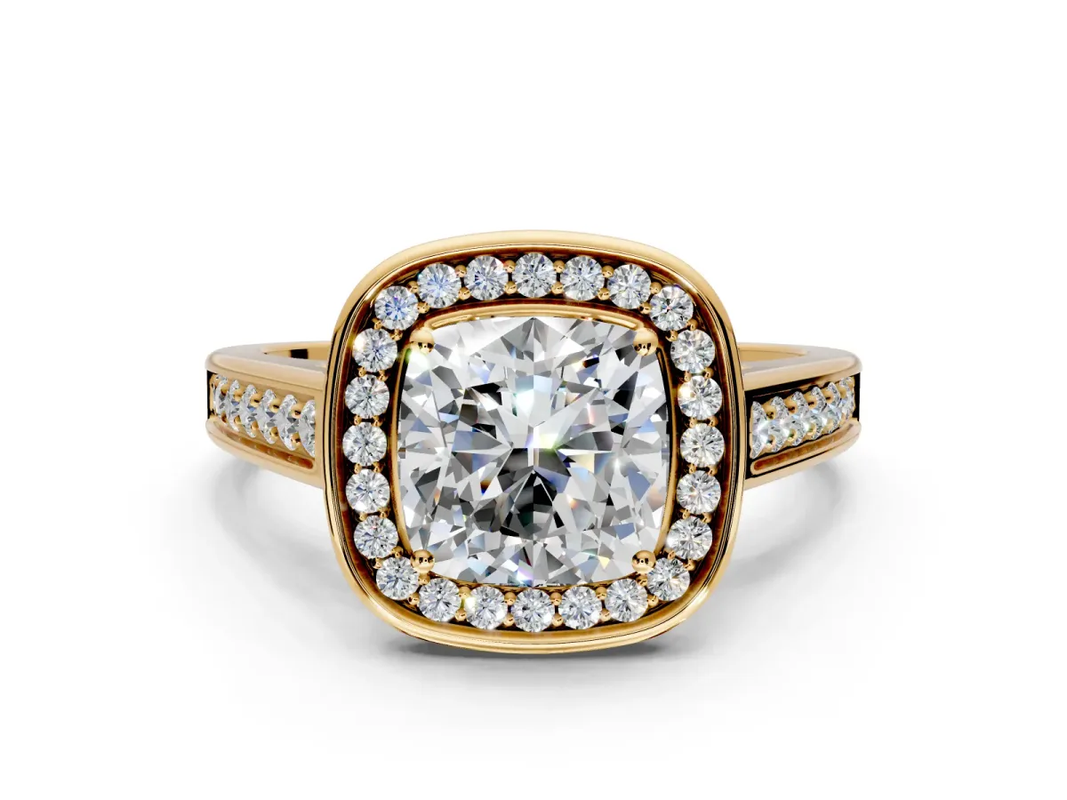 Halo Engagement Ring Setting for Cushion Cut Center with Outer Bezel Rim, Pave Band and Prong Head in Yellow Gold