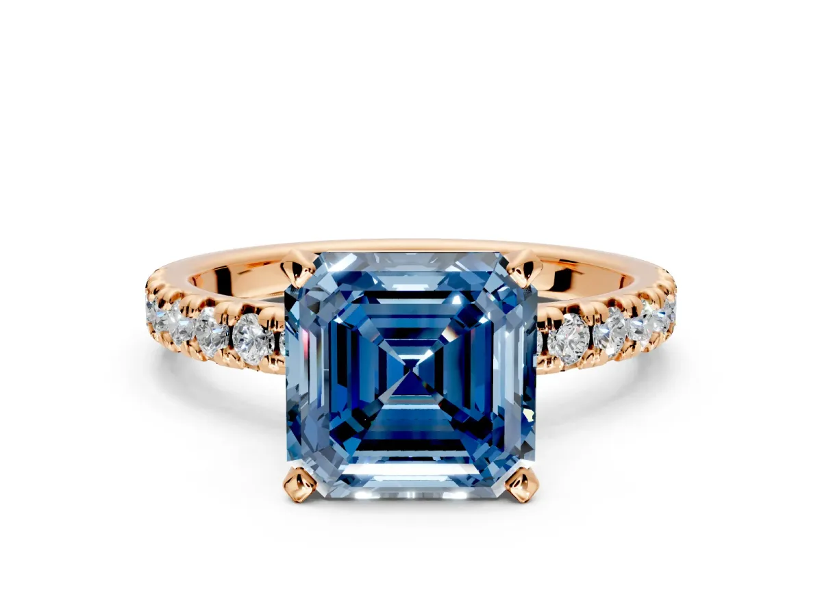 Solitaire Engagement Ring Setting for Fancy Blue Asscher Cut Center with Large Accents and Prong Head in Rose Gold